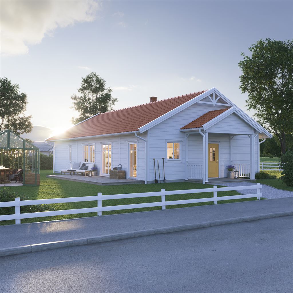 Vitt Villa Sjötorp exteriör i klassisk stil med rött tak